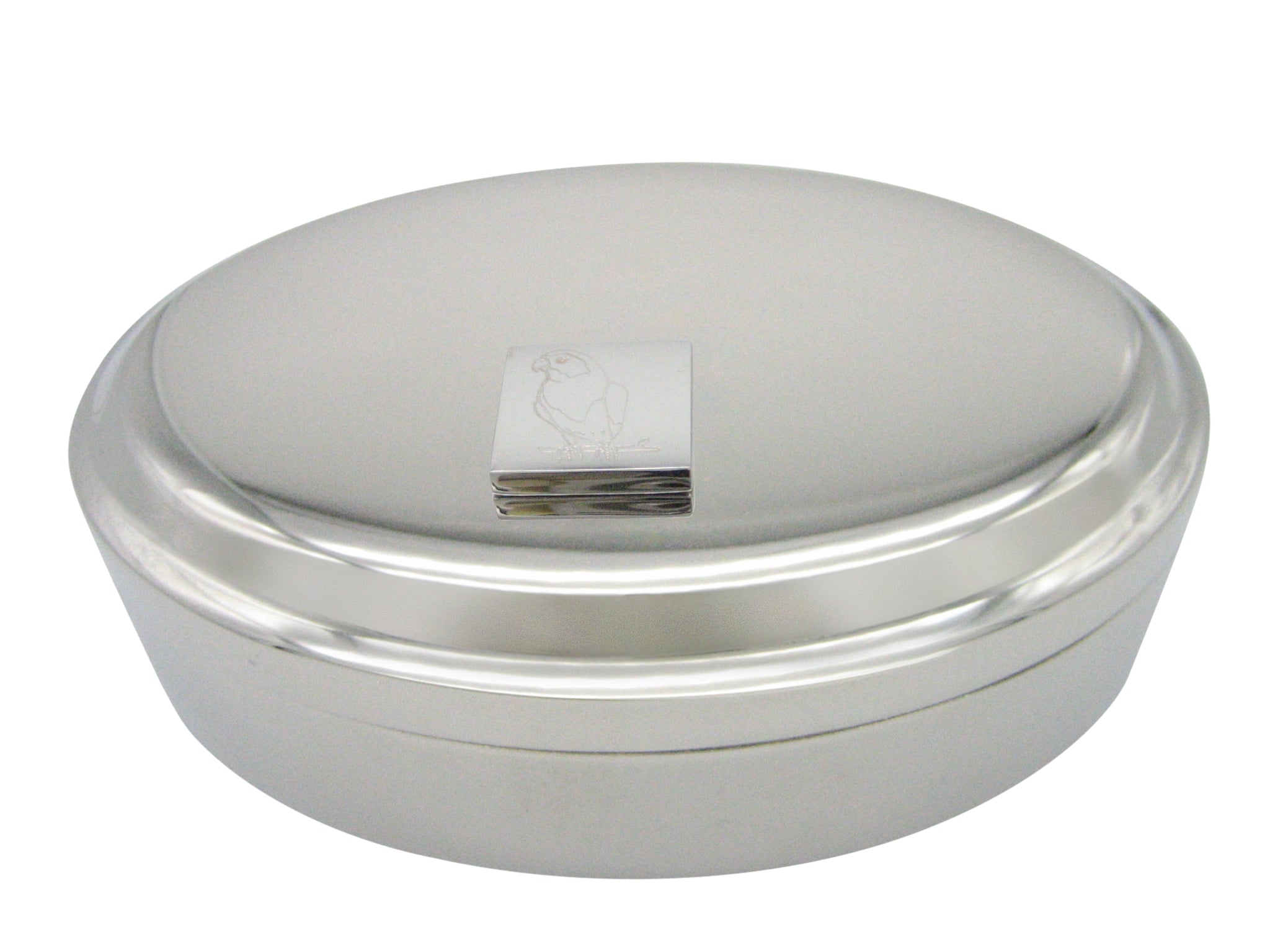 Silver Toned Etched Macaw Bird Pendant Oval Trinket Jewelry Box