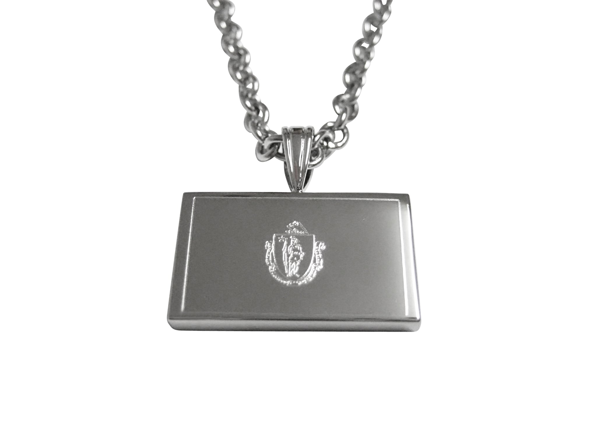 Silver Toned Etched Massachusetts State Flag Pendant Necklace