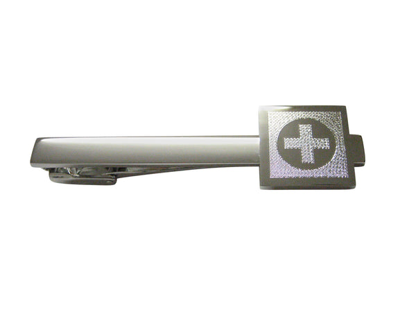 Silver Toned Etched Medical Cross Square Tie Clip