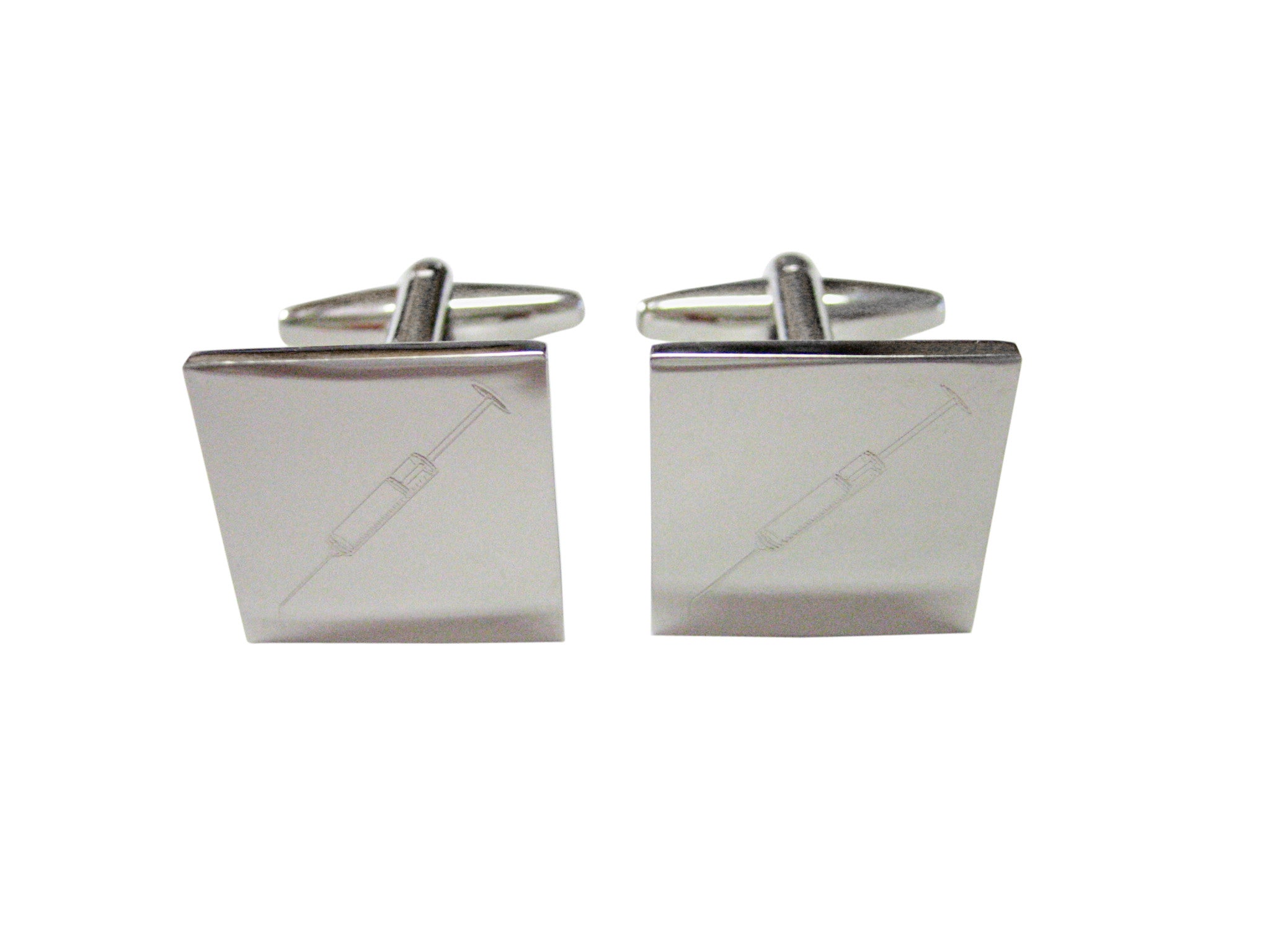 Silver Toned Etched Medical Hypodermic Needle Cufflinks