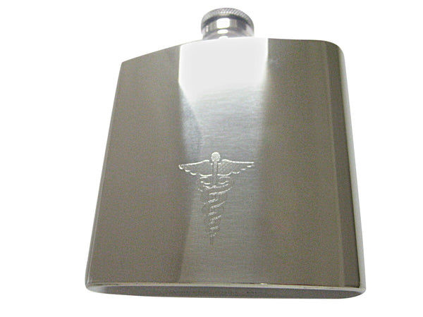 Silver Toned Etched Medium Caduceus Medical Symbol 6 Oz. Stainless Steel Flask