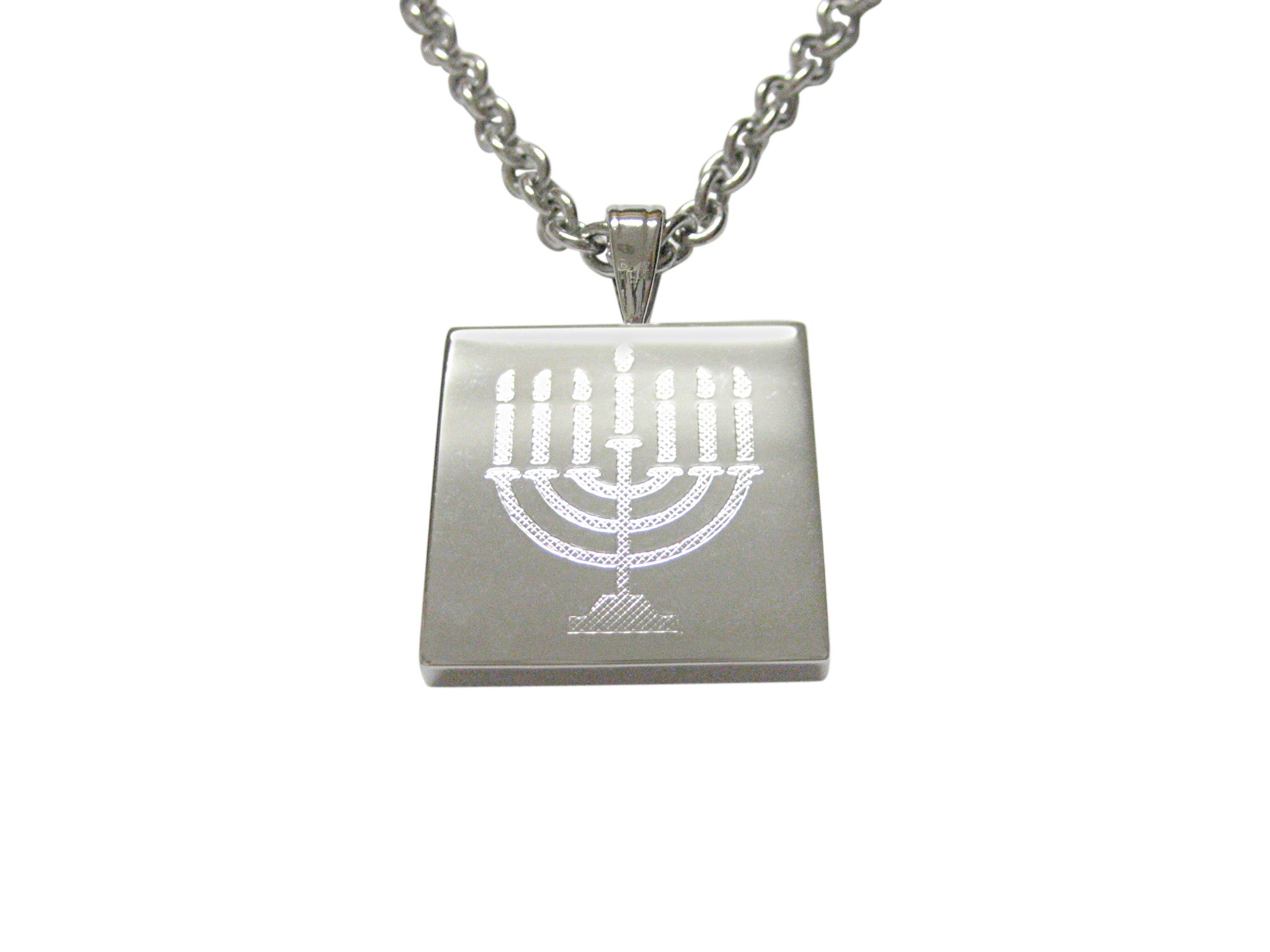 Silver Toned Etched Menorah Pendant Necklace