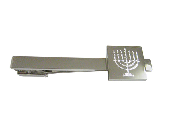 Silver Toned Etched Menorah Square Tie Clip
