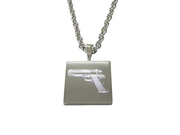 Silver Toned Etched Modern Handgun Pendant Necklace
