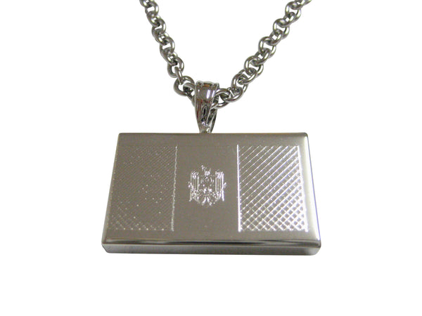Silver Toned Etched Moldova Flag Pendant Necklace