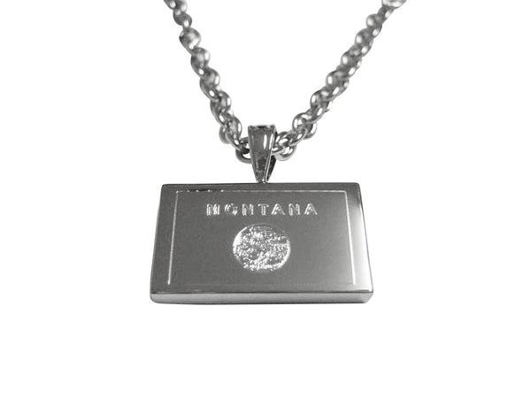 Silver Toned Etched Montana State Flag Pendant Necklace