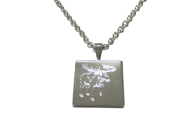 Silver Toned Etched Moose Pendant Necklace