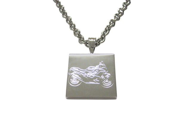 Silver Toned Etched Motorcycle Pendant Necklace