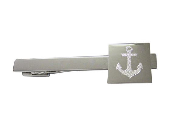Silver Toned Etched Nautical Anchor Square Tie Clip