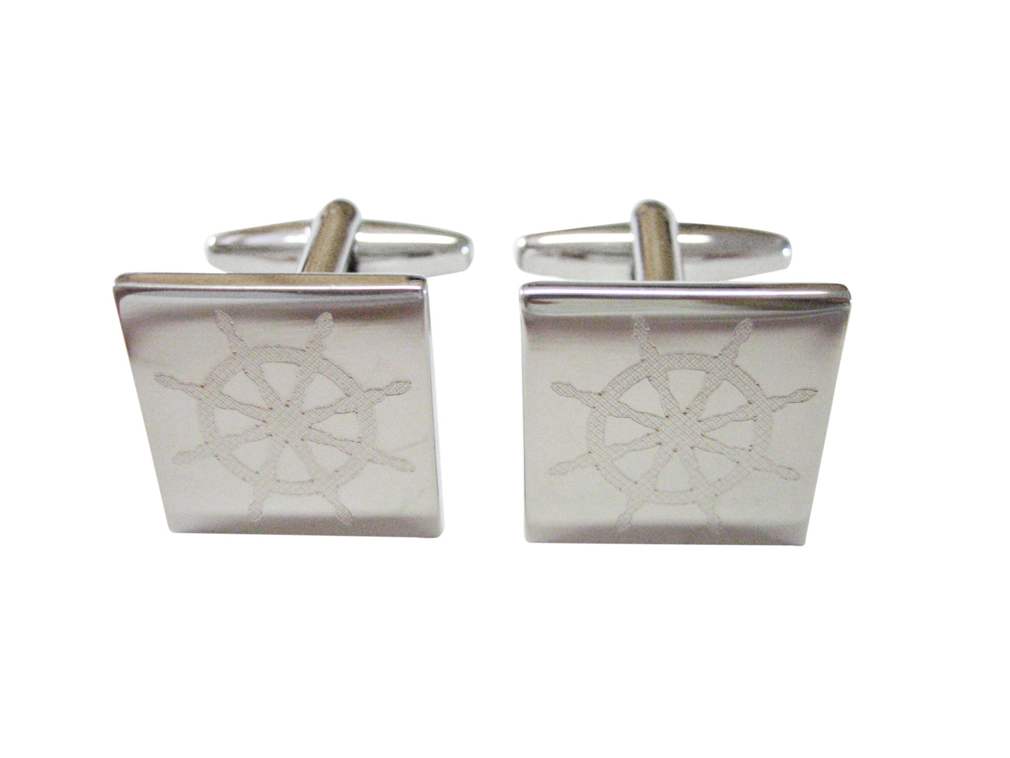 Silver Toned Etched Nautical Helm Cufflinks