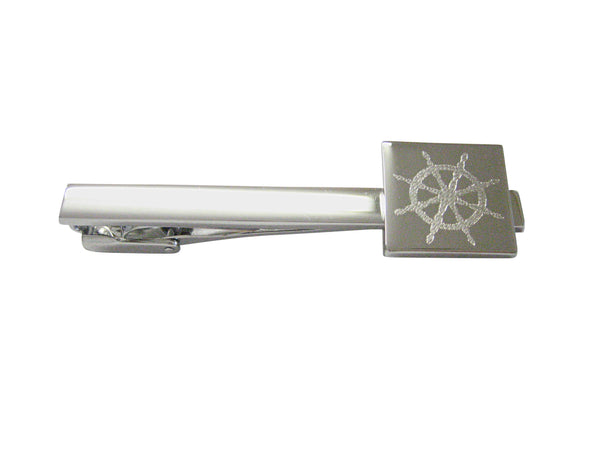 Silver Toned Etched Nautical Helm Square Tie Clip