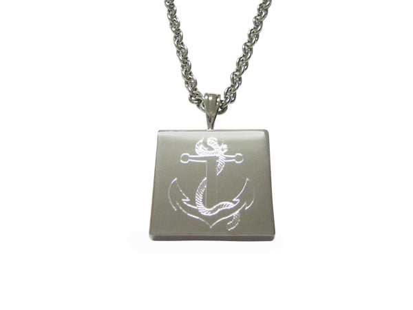 Silver Toned Etched Nautical Roped Anchor Pendant Necklace