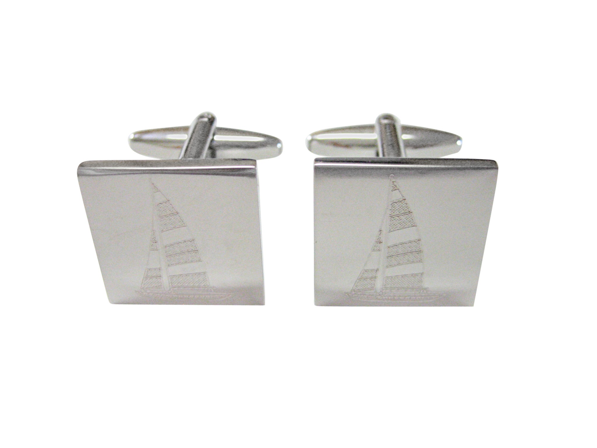 Silver Toned Etched Nautical Sail Boat Cufflinks