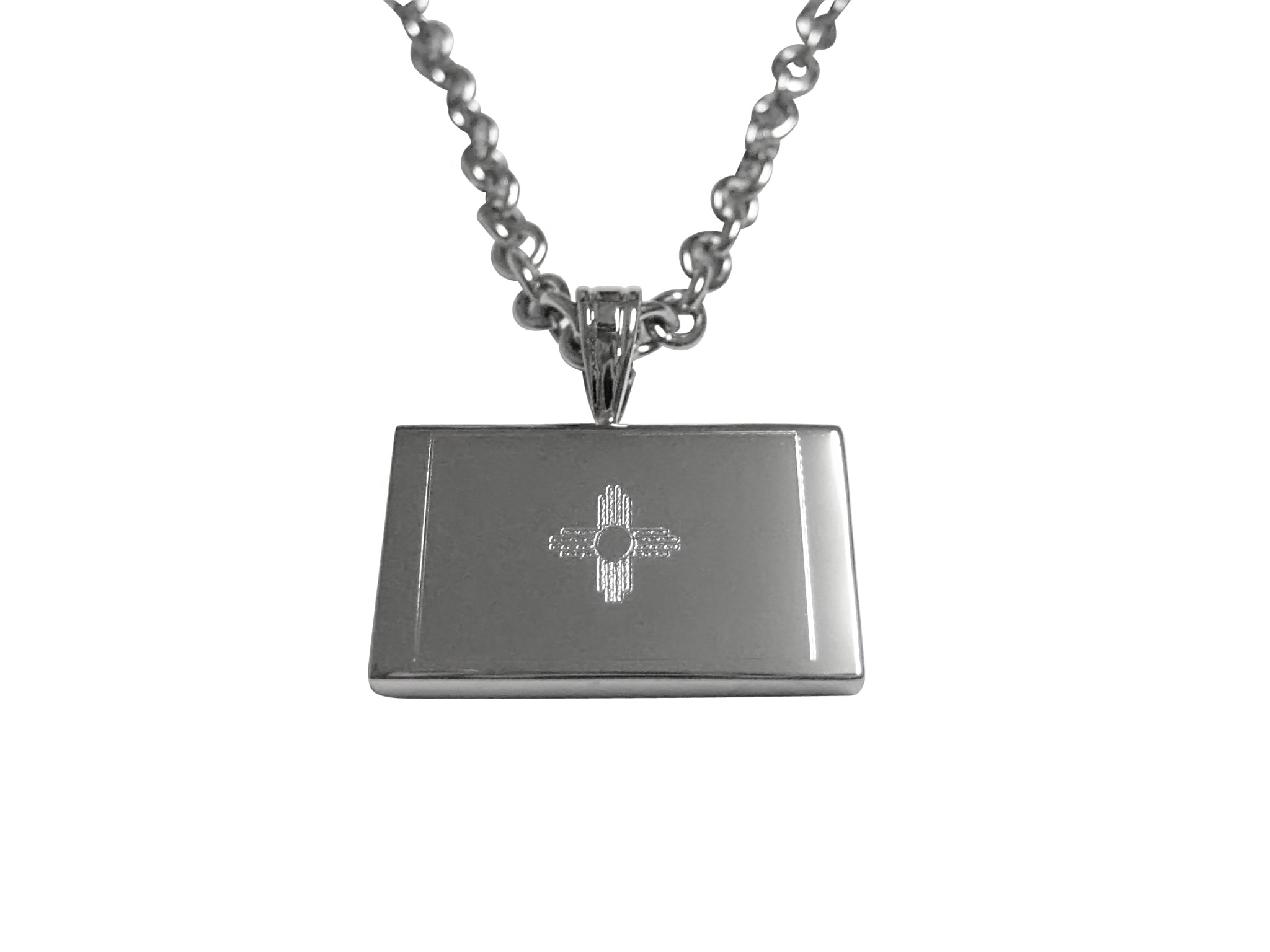 Silver Toned Etched New Mexico State Flag Pendant Necklace