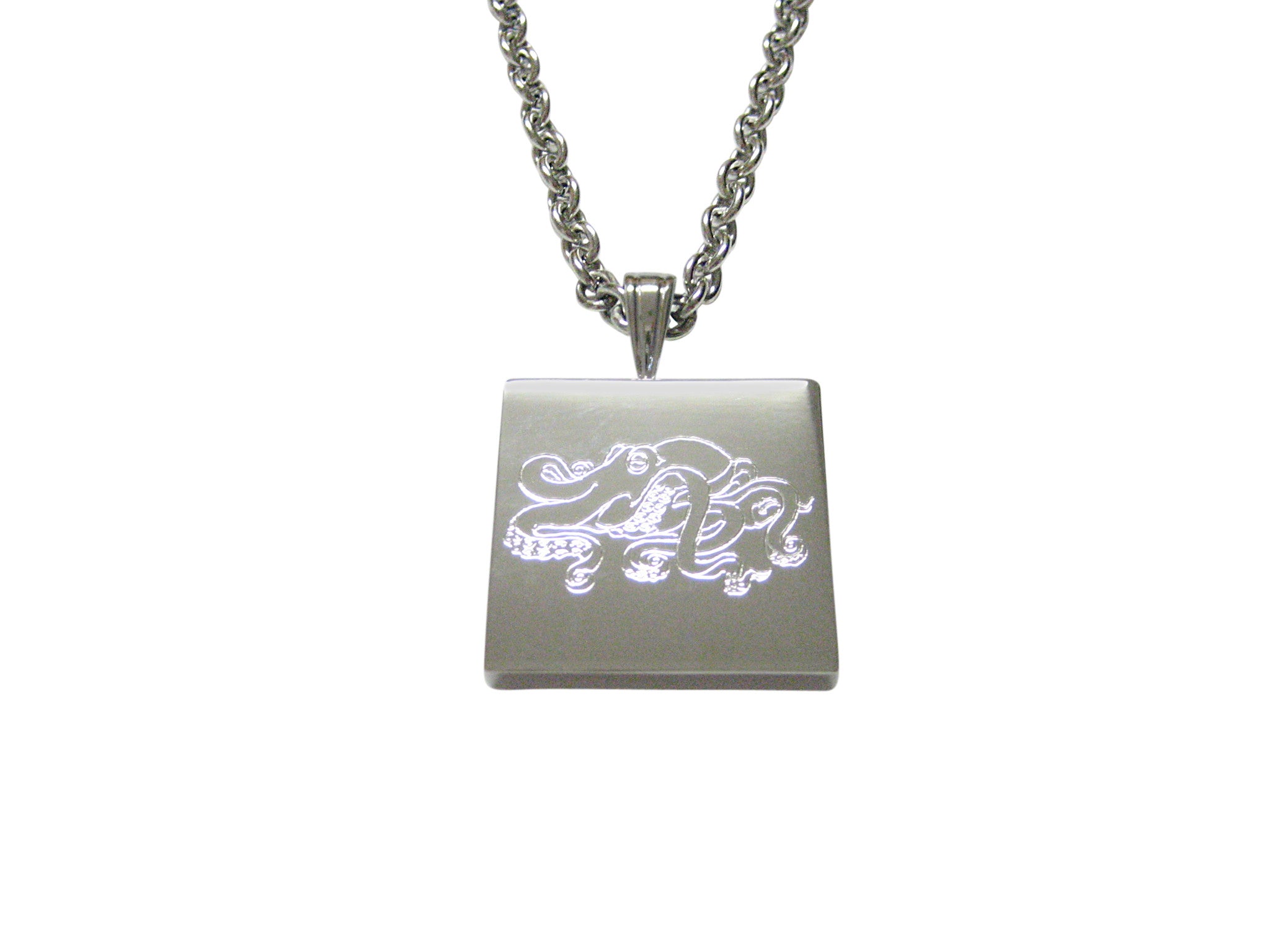 Silver Toned Etched Octopus Pendant Necklace