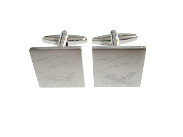 Silver Toned Etched Old Style Ship Cufflinks