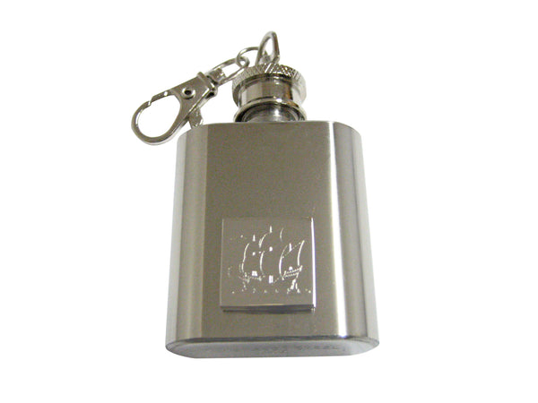 Silver Toned Etched Old Style Ship 1 Oz. Stainless Steel Key Chain Flask