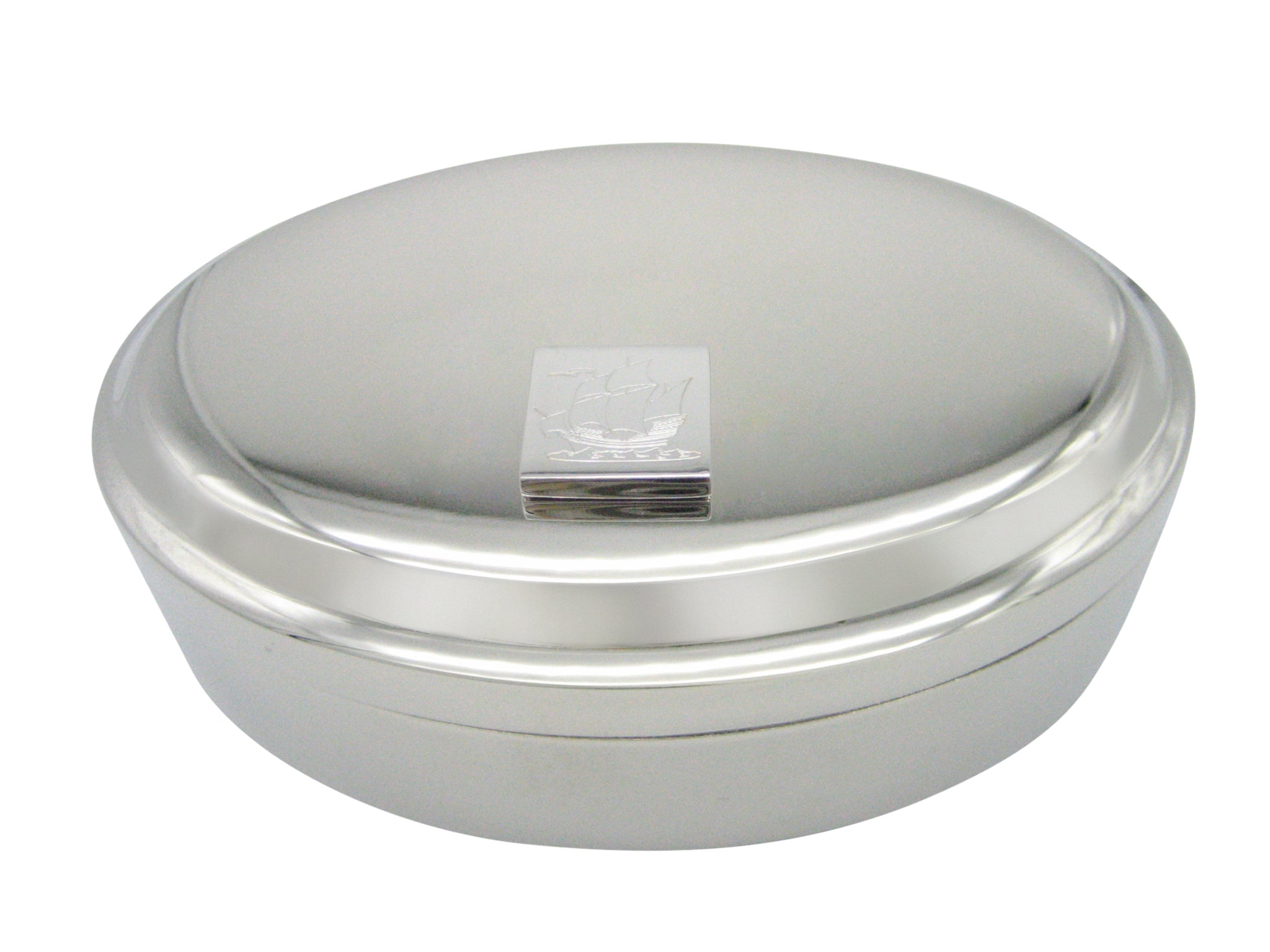 Silver Toned Etched Old Style Ship Pendant Oval Trinket Jewelry Box