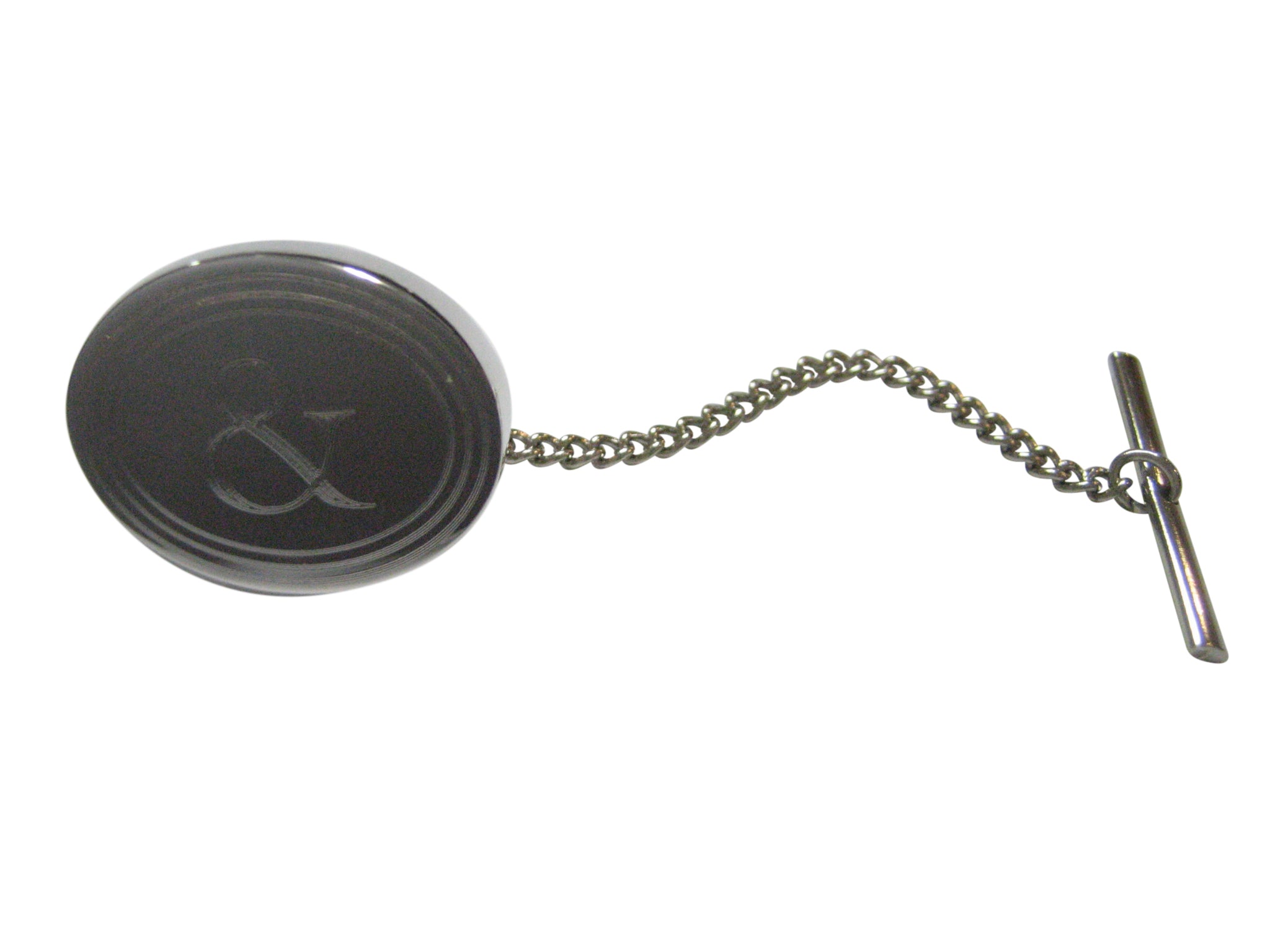 Silver Toned Etched Oval And Ampersand Sign Tie Tack