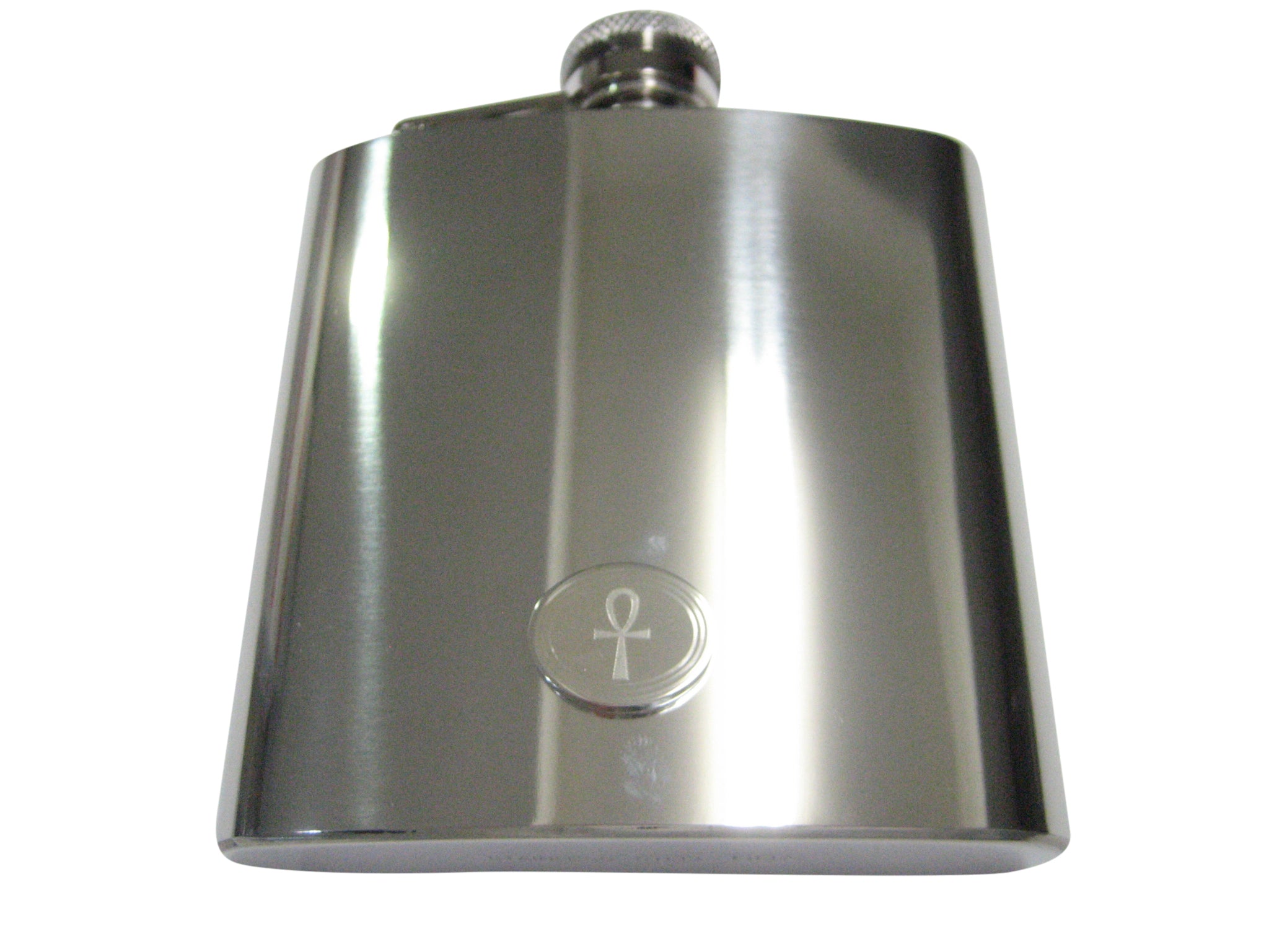 Silver Toned Etched Oval Ankh Cross 6oz Flask