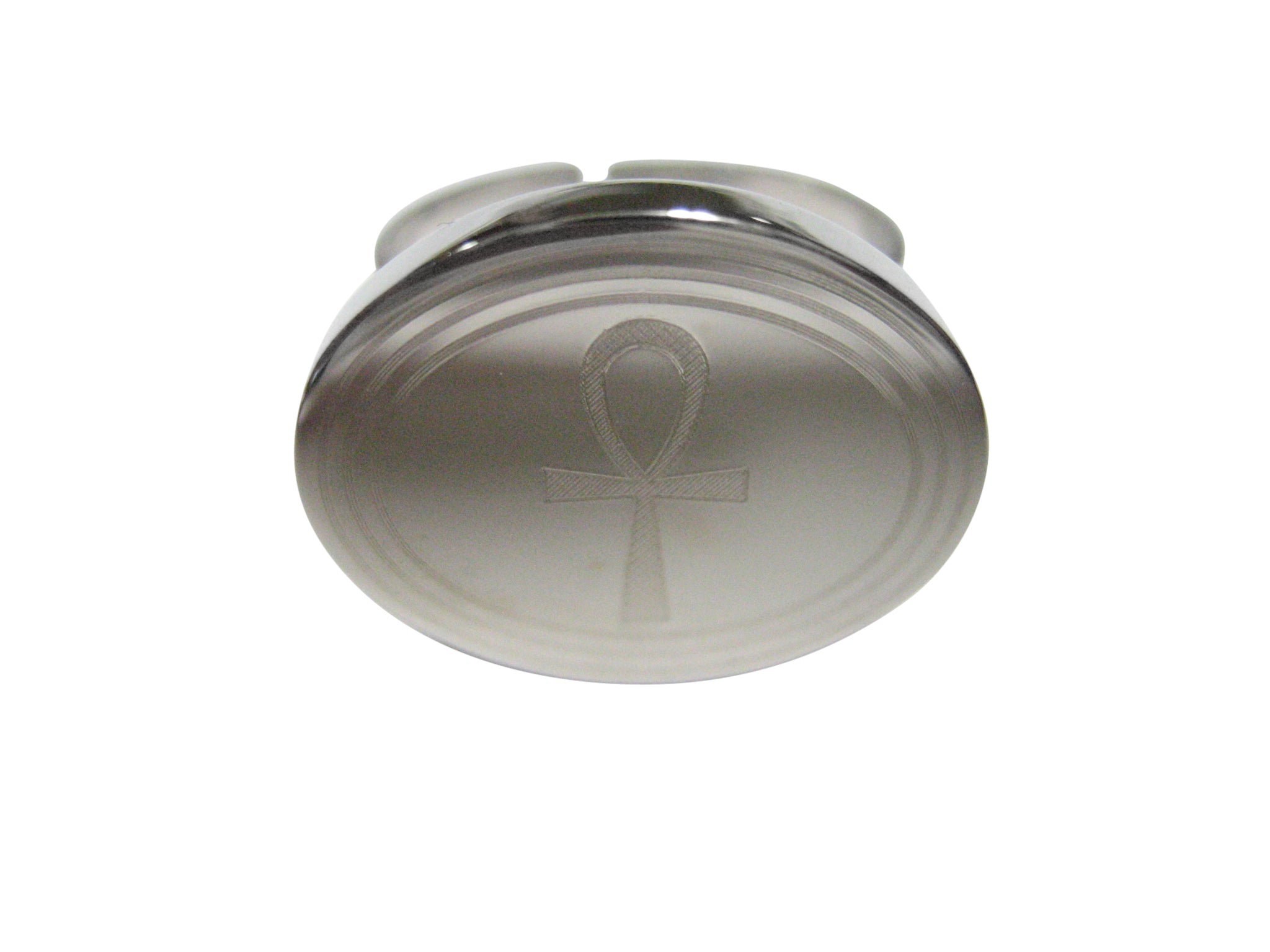 Silver Toned Etched Oval Ankh Cross Adjustable Size Fashion Ring