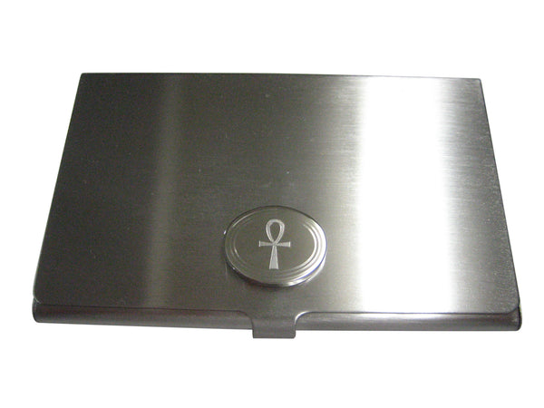 Silver Toned Etched Oval Ankh Cross Business Card Holder