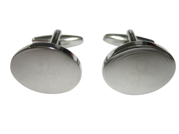 Silver Toned Etched Oval Ankh Cross Cufflinks