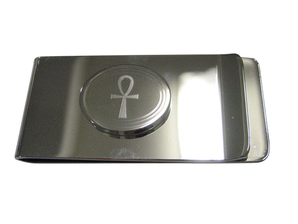 Silver Toned Etched Oval Ankh Cross Money Clip