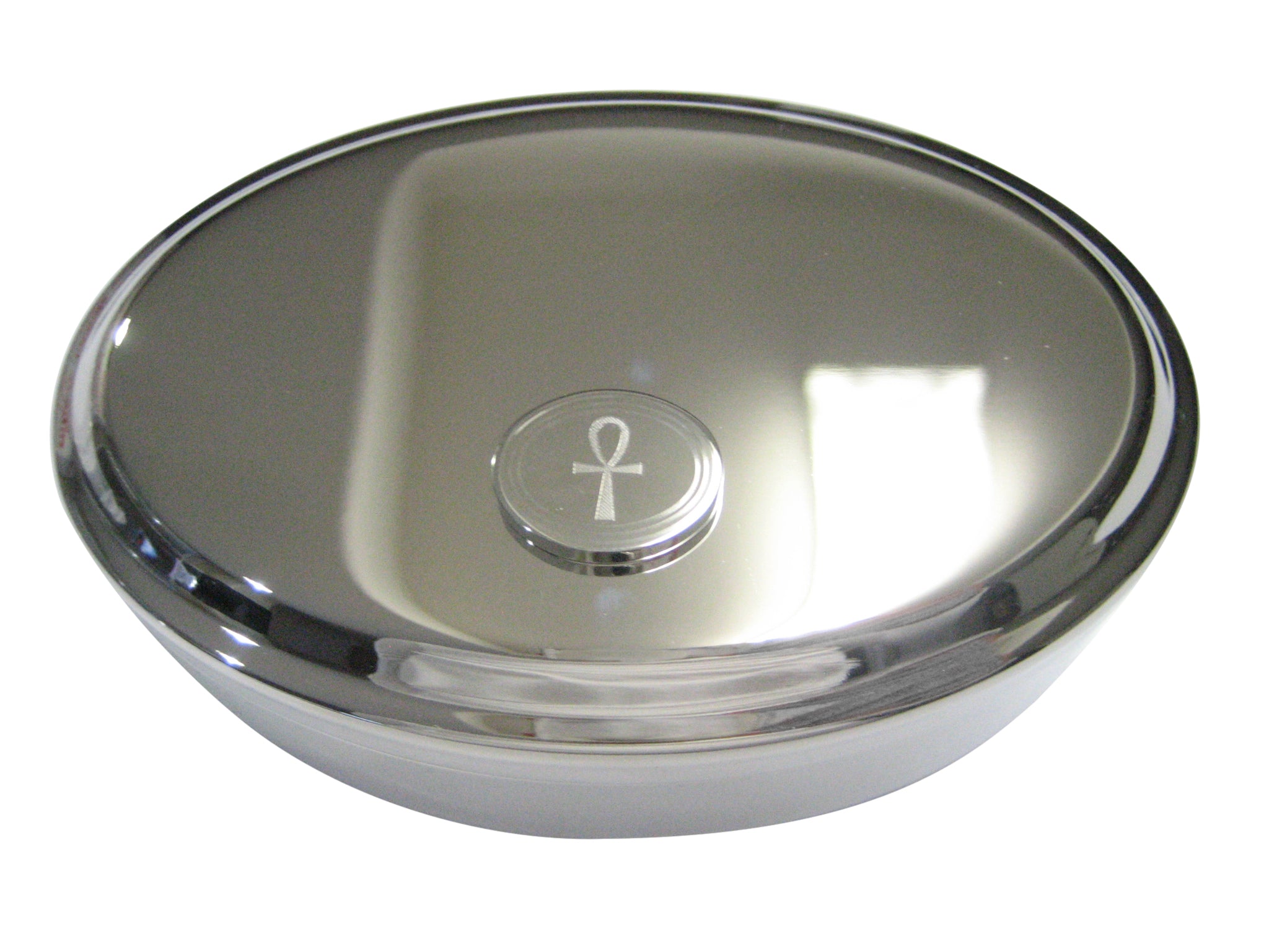 Silver Toned Etched Oval Ankh Cross Oval Trinket Jewelry Box