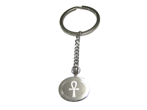 Silver Toned Etched Oval Ankh Cross Pendant Keychain