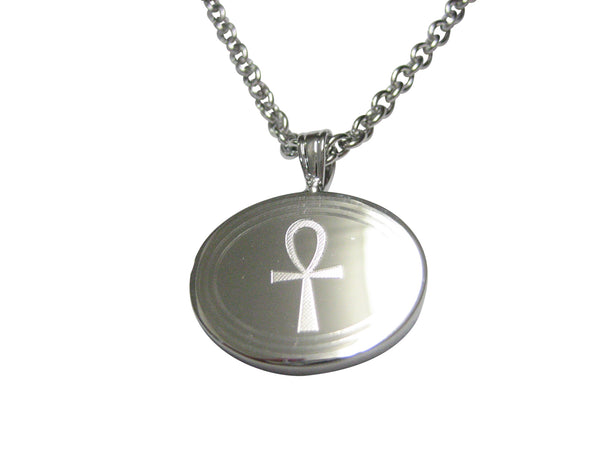 Silver Toned Etched Oval Ankh Cross Pendant Necklace