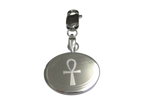 Silver Toned Etched Oval Ankh Cross Pendant Zipper Pull Charm