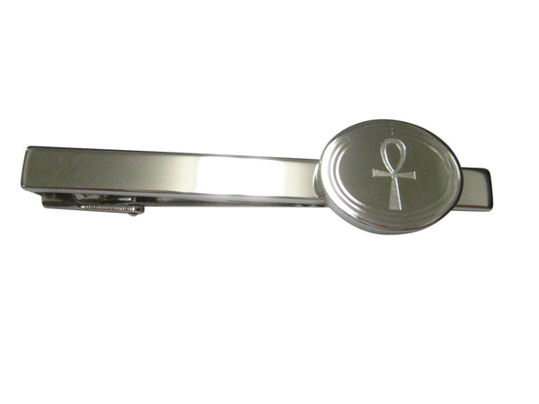 Silver Toned Etched Oval Ankh Cross Tie Clip