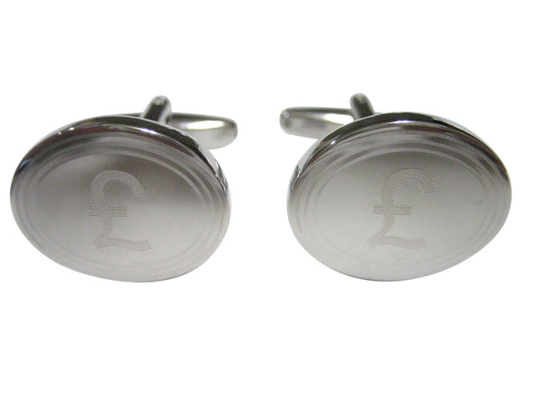 Silver Toned Etched Oval British Pound Sterling Currency Sign Cufflinks
