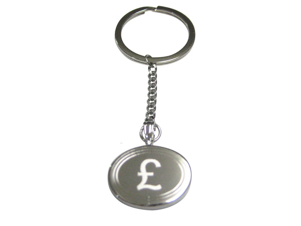 Silver Toned Etched Oval British Pound Sterling Currency Sign Pendant Keychain