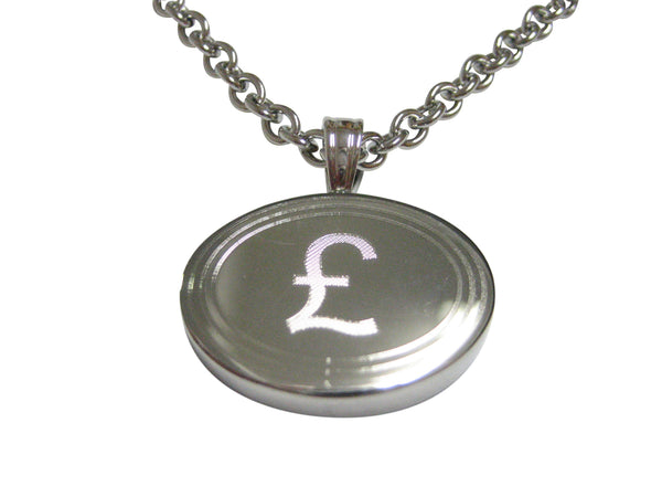 Silver Toned Etched Oval British Pound Sterling Currency Sign Pendant Necklace