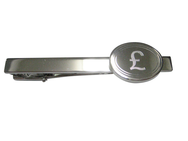 Silver Toned Etched Oval British Pound Sterling Currency Sign Pendant Tie Clip