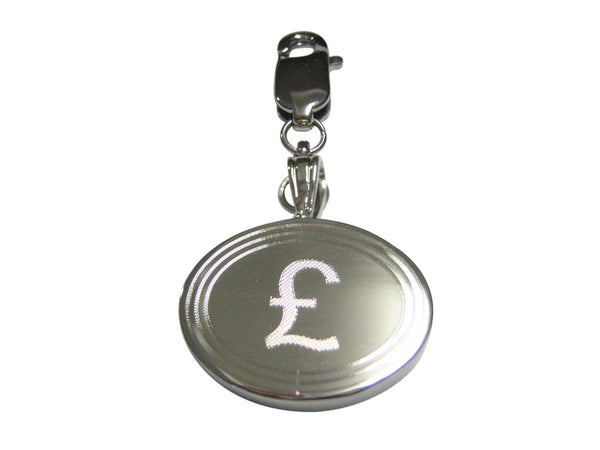 Silver Toned Etched Oval British Pound Sterling Currency Sign Pendant Zipper Pull Charm