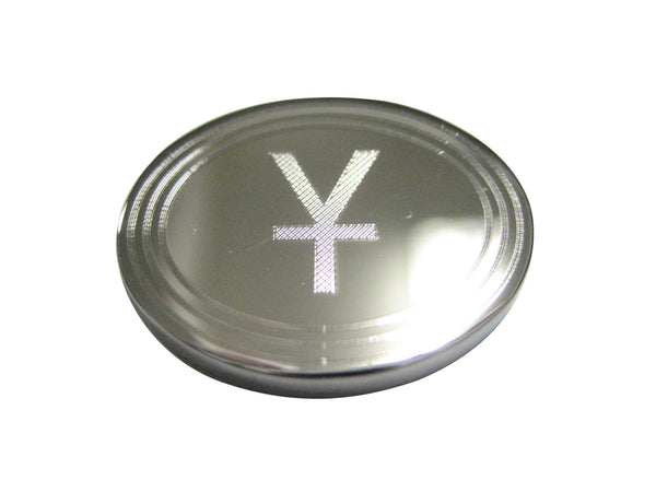 Silver Toned Etched Oval Chinese Yuan Currency Sign Magnet