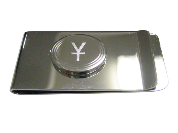 Silver Toned Etched Oval Chinese Yuan Currency Sign Money Clip