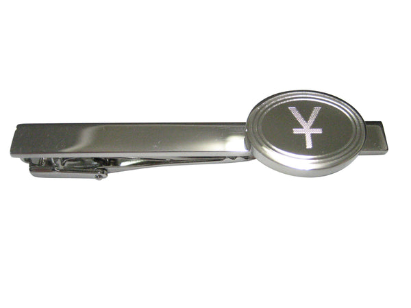 Silver Toned Etched Oval Chinese Yuan Currency Sign Tie Clip