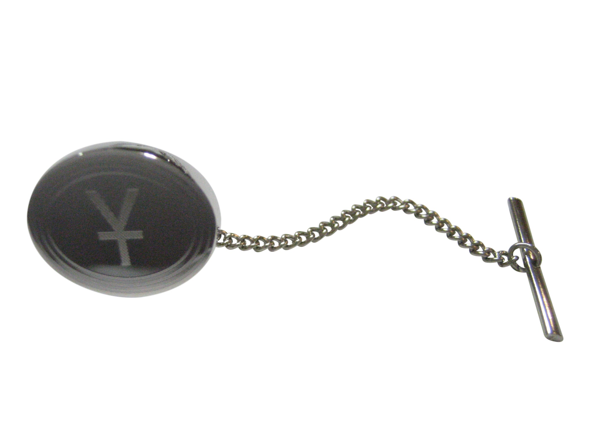 Silver Toned Etched Oval Chinese Yuan Currency Sign Tie Tack