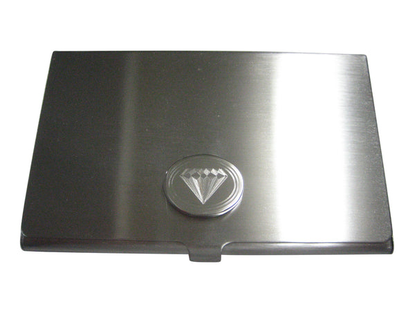 Silver Toned Etched Oval Diamond Image Business Card Holder