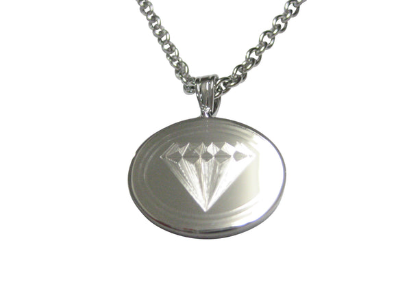Silver Toned Etched Oval Diamond Image Pendant Necklace