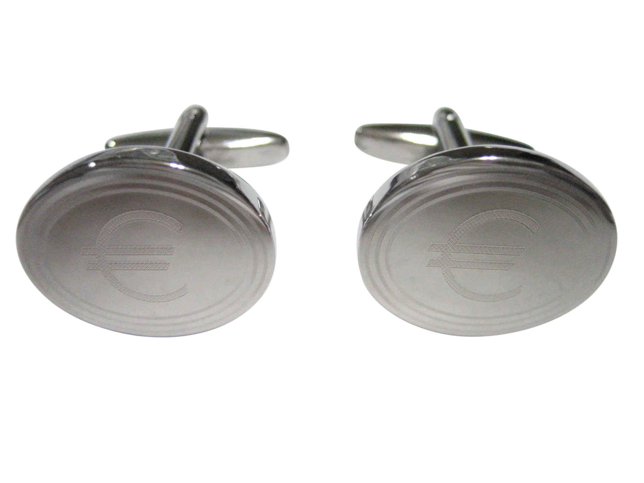 Silver Toned Etched Oval Euro Currency Sign Cufflinks