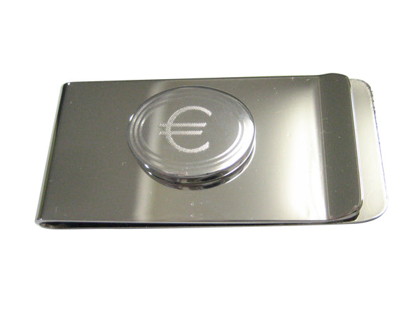 Silver Toned Etched Oval Euro Currency Sign Money Clip