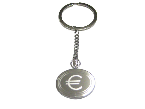 Silver Toned Etched Oval Euro Currency Sign Pendant Keychain