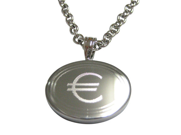 Silver Toned Etched Oval Euro Currency Sign Pendant Necklace
