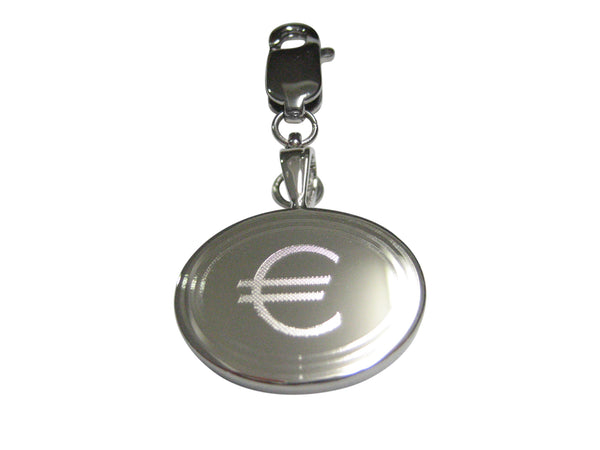 Silver Toned Etched Oval Euro Currency Sign Pendant Zipper Pull Charm