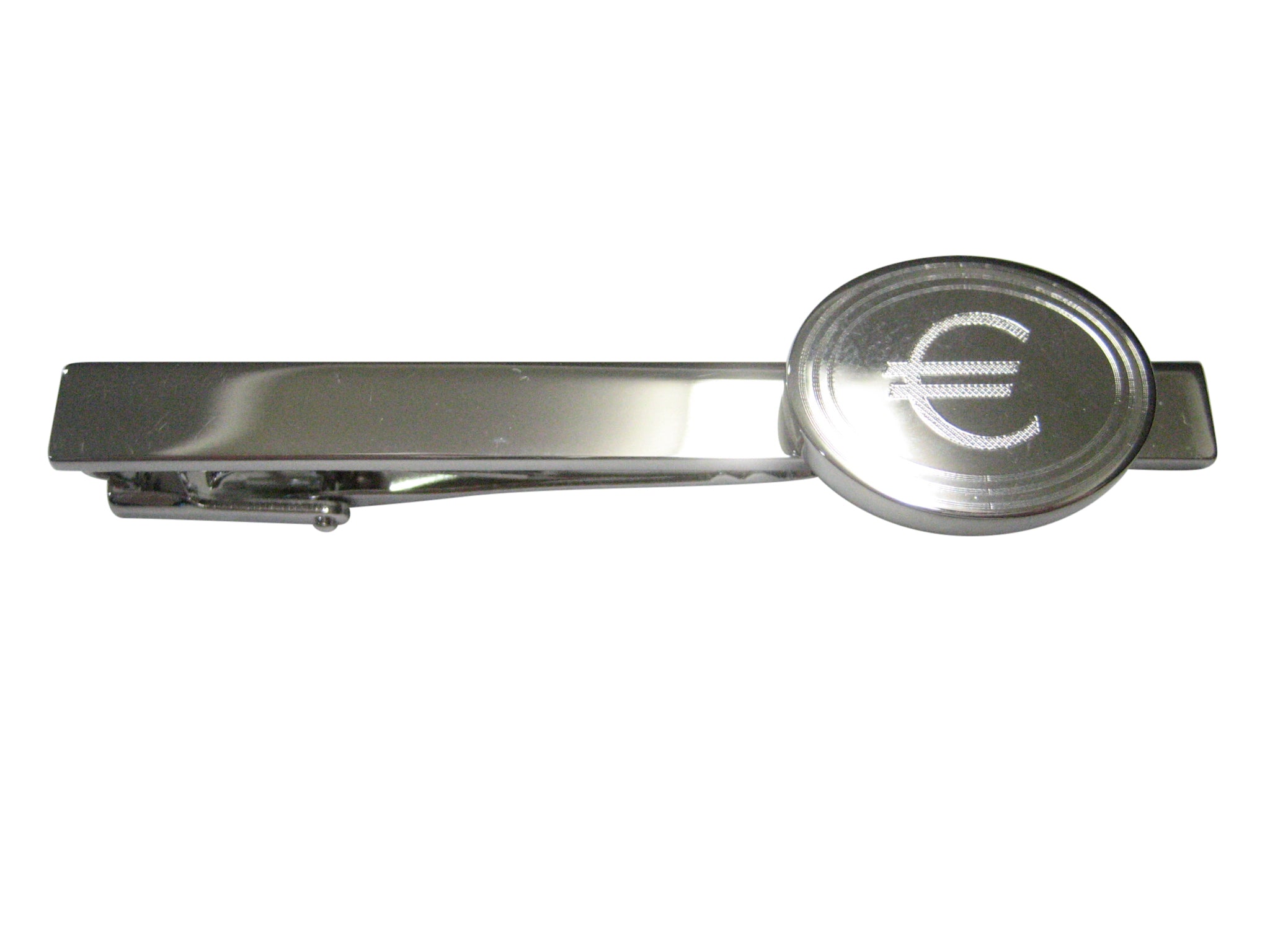 Silver Toned Etched Oval Euro Currency Sign Tie Clip